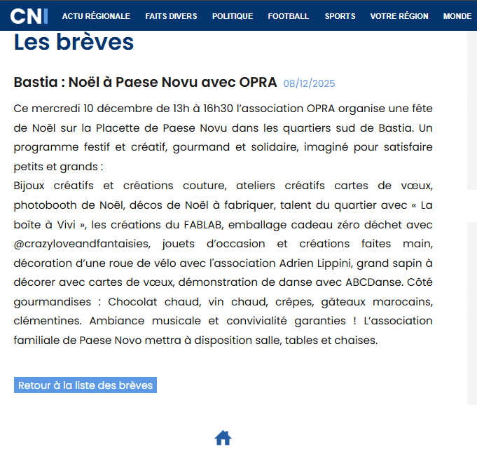 Bastia : Noël à Paese Novu avec OPRA