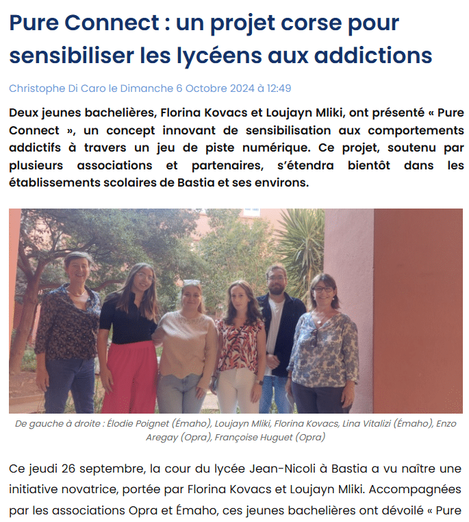 Pure Connect : un projet corse pour sensibiliser les lycéens aux addictions